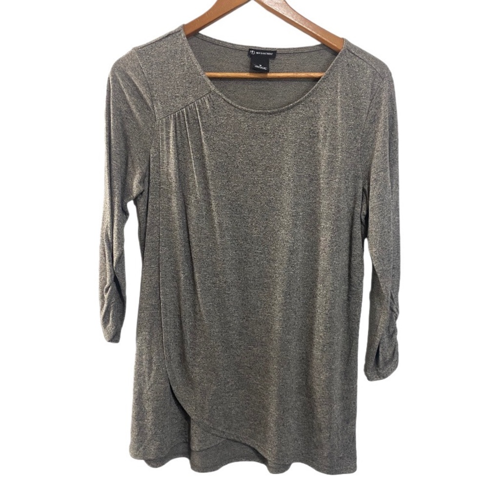 New Directions Faux Wrap 3/4 Length Ruched Sleeve Shirt Womens Medium Career